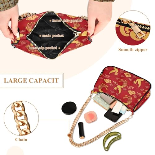 Gold Birds Swirl Cloud Red Floral Shoulder Bag for Women Hobo Totes Purse Bags Chain Strap Zipper Phone Purse Cute4