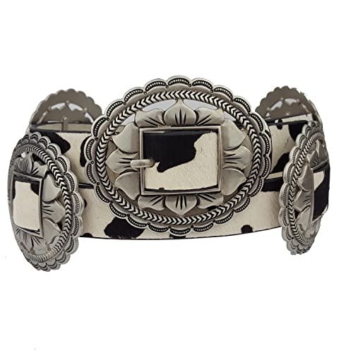 Western Concho Style Belt w. genuine cow print hair leather belt Black/White L