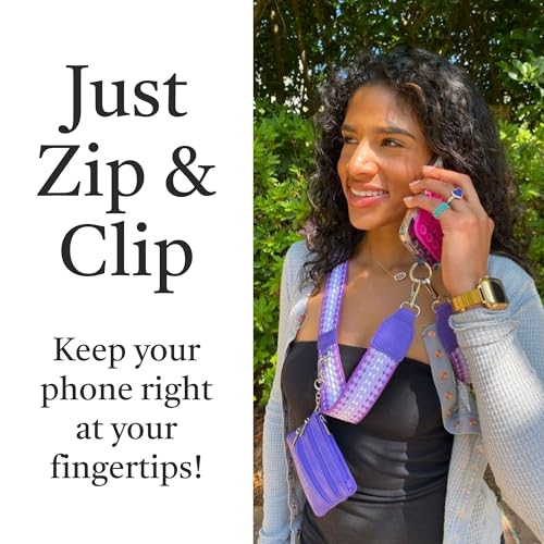 Image of Save the Girls Original Clip and Go Phone Strap Pattern (Fun Dots - Dark Purple /Light Purple) - Crossbody Phone Strap Chain with Zipper Wallet Pouch - Phone Lanyard Zippered