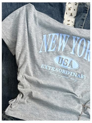 Girl's Letter Print Off The Shoulder T Shirt Short Sleeve Ruched Summer Street Crop Tops3