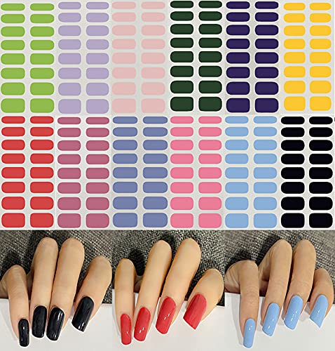 12 Sheets Full Nail Stickers Solid Color Nail Art Polish Strips Self-Adhesive Full Nail Wraps for Women Girls DIY Nail Art Decoration with Nail Files