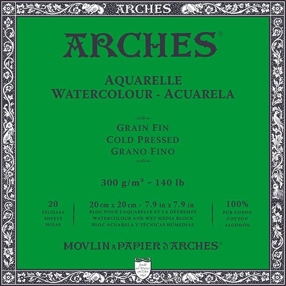 Arches Bloc Enc 4L 20x20 20H Aquarelle 100% Fine 300g Blanc NAT, Blanco Natural