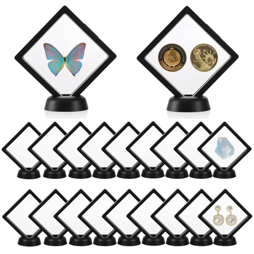20 PCS 3D Floating Display Case, Transparent PE Jewelry Storage Box, Black Coin Display Frame Stand Holder for Medals, Jewelry, Gems, Coins, , 3.5 x 3.5 x 0.8 Inches (Black)