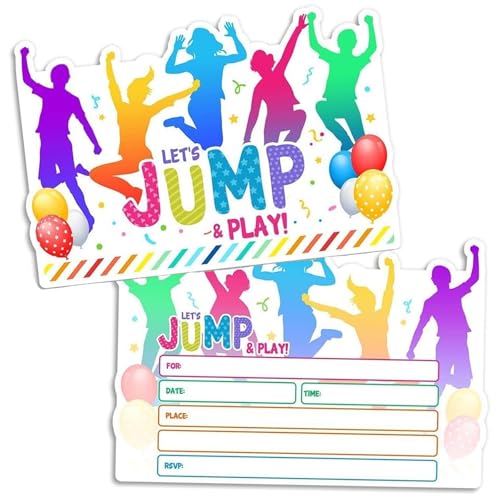 Xinfin Let's Jump & Play Jumping Party Invitations, 12Pcs Trampoline Jump Birthday Invite for Kids Boys Girls, Birthday Party Supplies