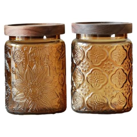 Pletmin Vintage Glass Jar, 23.7 FL OZ Airtight Glass Storage Jar with Acacia Lid, Food Containers for Kitchen Ideal for Tea, Coffee, Sugar, Candy, Cookies, Spices, Home Decorative Jar(YELLOW 2PACK) Cover