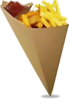 K-18 Large Size 9.5 Oz Eco Brown Cardboard Cone with Built-in Sauce Container [Pack of 100] Grease-Absorbing, Disposable Food Cones for Snacks, Fries, Popcorn | Takeaway Food Packaging