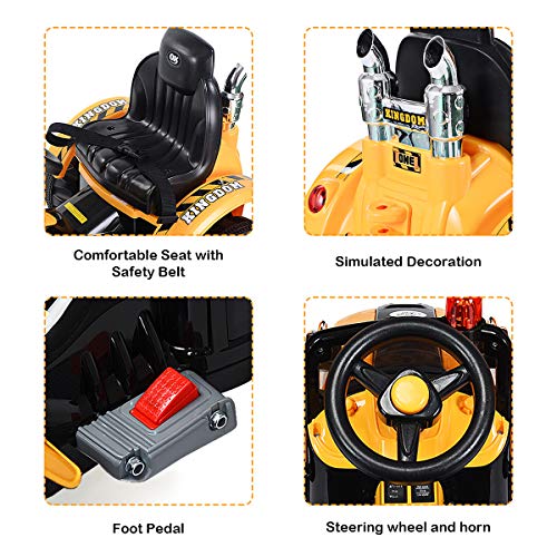 HONEY JOY Kids Ride On Excavator, 12V Battery Powered Pretend Play Construction Tractor Toy with Horn