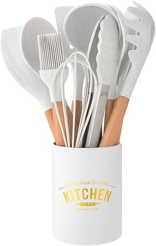 Miniatura 2 de Utensilios de cocina de silicona blanca antiadherentes, cuchara de cocina, cubo de almacenamiento, utensilios de cocina y kit de herramientas, el