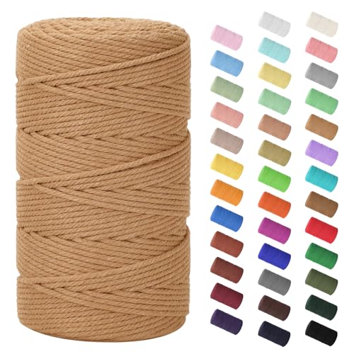 Macrame Cord 3mm x 220Yards (656Feet), Natural Cotton Macrame Rope - 4 Strands Twisted Macrame Cotton Cord for Wall Hanging, Plant Hangers, Crafts, Gift Wrapping and Wedding Decorations, Light Tan