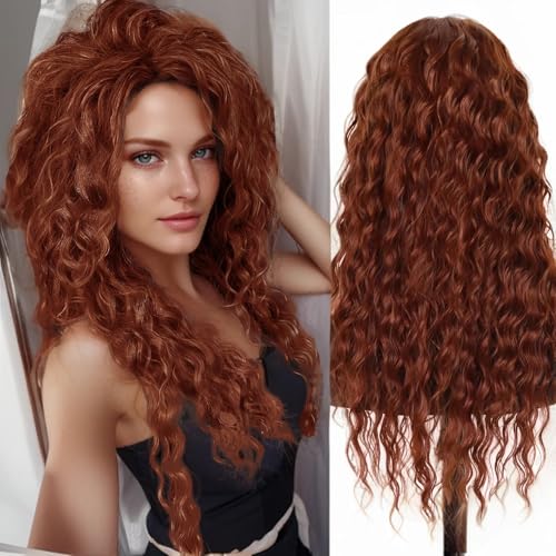 Image of GNIMEGIL Long Curly Dark Copper Wigs for Women Synthetic Auburn Red Wig with Natural Parting Fluffy Big Volume Wig Cosplay Halloween Costume Themed Parties and Daily Style