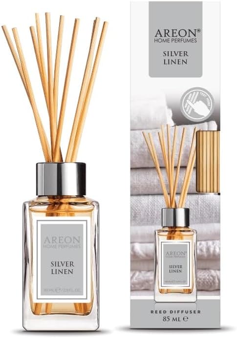Home Luxury Perfume Reed Diffuser + 10 Rattan Reeds, Silver Linen 85 ml