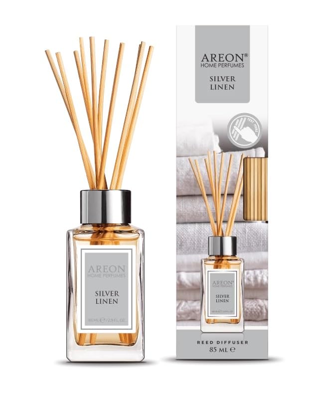 Areon Home Luxury Perfume Reed Diffuser + 10 Rattan Reeds, Silver Linen 85 ml