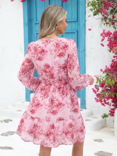 Image of Simplee Womens Spring Floral Mini Dress Long Sleeve Boho Chiffon Short Dress Casual Flowy Fall Wedding Guest Dresses