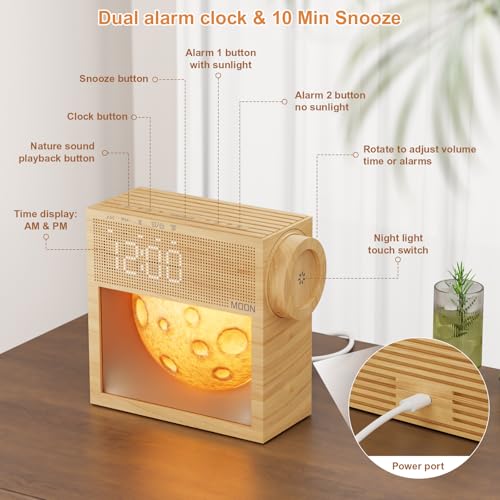 Image of Sunrise Alarm Clock with Sound Machine,White Noise Sound Machine with Night Light for Adults,Kids,Dimmable Moon Lamp for Bedroom,20 Soothing Sounds,Dual Alarms,Snooze, Digital Clock,Wood Grain