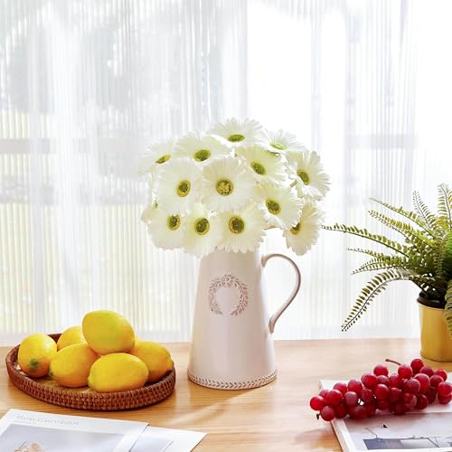Image of CURATED CART Gerbera Daisy Flowers - Pack of 5 White Faux Blooms, 30cm Tall | Real Touch PU Petals with Bendable Green Stems | Artificial Flower Bouquet for Home, Kitchen, Office (White) (No Vase)