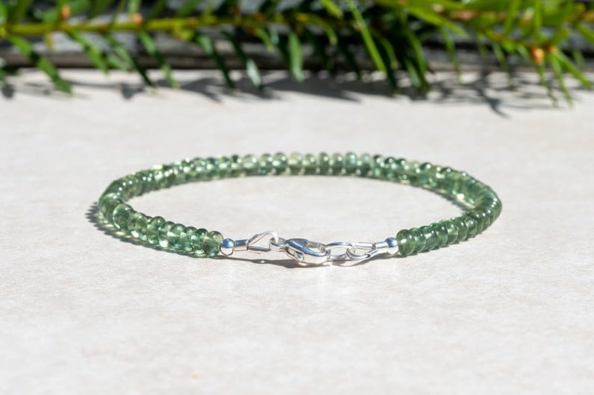 Green Apatite Rondelle Beaded Bracelet with Silver Lock, Adjustable