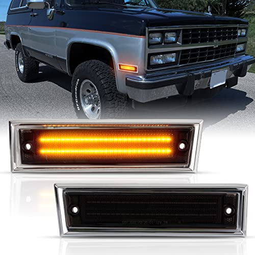 POPMOTORZ Front Fender Side Marker Lights, Led Amber Bumper Turn Side Signal Lamps for 1981-1991 Chevy Pickup Truck Blazer/Suburban/GMC GM2551107 GM2550115 915558 915557 18120166 18120066-Smoked Lens