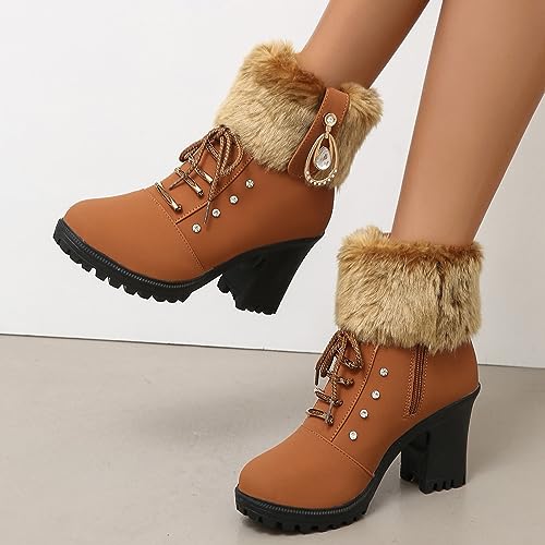 Women's Lace Up Winter Snow Boots Cold Weather Outdoor Rhinestone Warm Boot,Lace Up Round Head Plush Lined Chunky Heel Thermal Snow Boots4