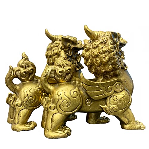 Feng Shui Brass Pixiu Statue A Pair Pi Yao Home Decor Sculpture Golden Figurine Attract Wealth And Good Luck (4.4" L X 2" W X 4.6" H) #TOP4