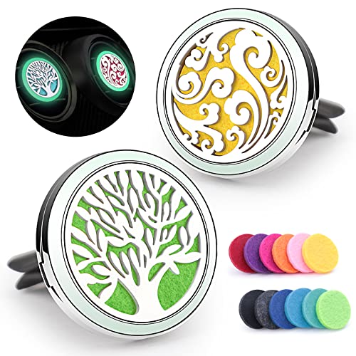 2Pcs Car Essential Oil Diffuser Vent Clip - Royaroma 30Mm Aromatherapy Fluorescent Green Tree Of Life Stainless Steel Locket With 12 Felt Pads For Car, Bedroom, Office, Bathroom #TOP5