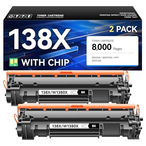 138X Toner Cartridges Black 2 Pack with Chip High Yield - Replacement for HP W1380A W1380X Toner Cateridge - Compatible with HP Laserjet Pro 3001dw 3001fdw MFP 3101fdw Printer Ink