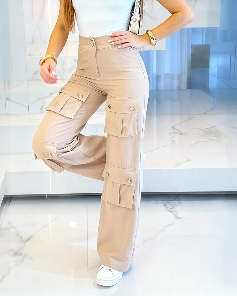 CHICME Women's High Waist Cargo Pants Zipper Fly Flap Pockets Design Elastic Back Waist Wide Leg Baggy Pants