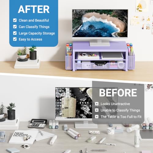 Image of OPNICE Desk Organizers and Accessories, Computer Monitor Stand Riser with Drawer and 2 Pen Holders, Printer & Laptop Stand, Office Desk Accessories & Workspace Organizers for Home Office Supplies, Metal Purple