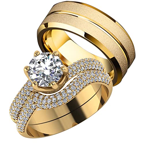 ringheart Couple Rings Matching Ring 1.5ct CZ Gold Plated Women Wedding Ring Sets for Him and Her Ring Sets