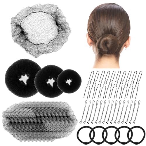 Black Hair Bun Donut, 68PCS Easy Hair Styling Tools- Ballet Hair Bun Net, Hair Doughnut, U Shaped Hair Pins, Bobby Pins and Hair Bands, Hair Bun Maker, Bun Rings for Women Girls Hair Accessories