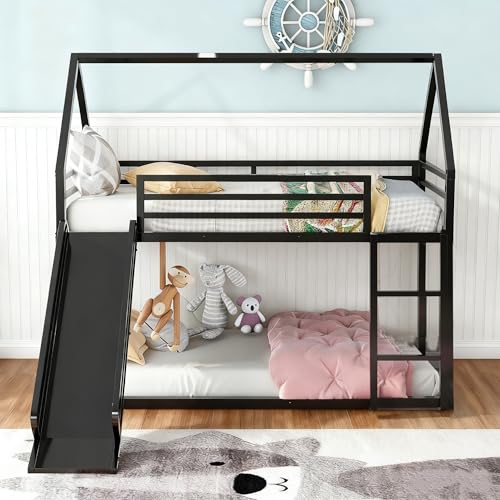 EMKK Kinderbett Etagenbett 90x190 mit Rutsche & Leiter, Eisen Hochbett Hausbett für 2 Kinder, Stockbett Doppelbett für Kinder Schlafzimmer, Ohne...