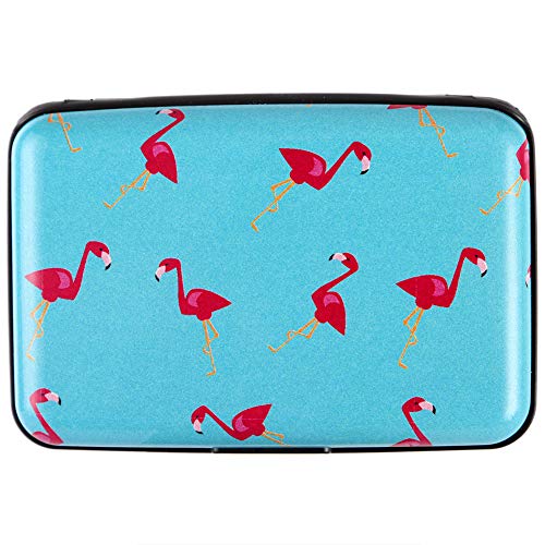 Aluminum Wallet RFID Blocking Slim Metal Credit Card Holder Hard Case (Flamingo Blue Background)