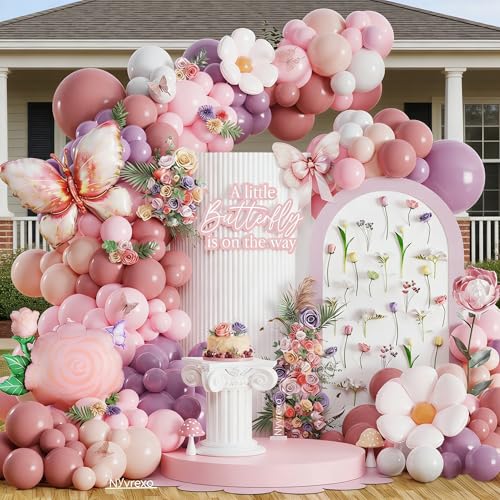 Image of Spring Butterfly Birthday Party Decorations, 154Pcs Daisy Flower Pink Purple Balloons Arch Garland Kit with Butterfly Foil Balloons for Baby Shower Garden Tea Party Wedding Supplies