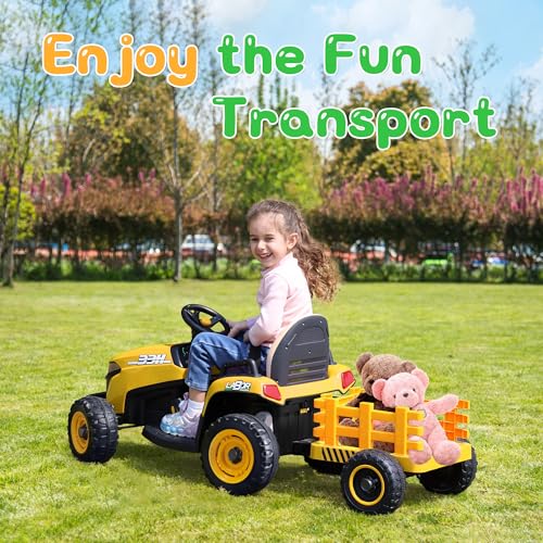 Image of ANPABO 24V Ride On Tractor for Kids w /Detachable Trailer, EVA Tires, Yellow