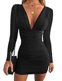 Women&apos;s Sexy Long Sleeve V Neck Ruched Bodycon Mini Party Cocktail Dress