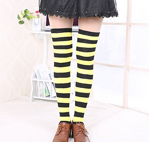 Image of AQOKKA Thigh High Socks for Women Striped Over Knee Thigh Socks Long Boot Thigh High Stockings Leg Warmers for Girls