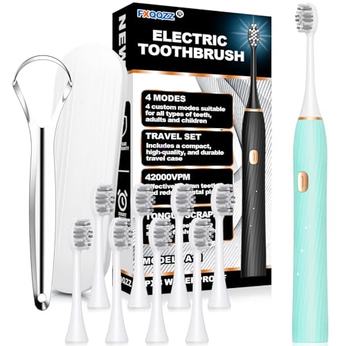 FXQQZZ Electric Toothbrush for Adults and Kids, with Tongue Scraper and Travel Case, 8 Brush Head, Smart Timer & 4 Modes Rechargeable Toothbrush, 42000 VPM Deep Clean, One Charge Last 90 Days -Blue
