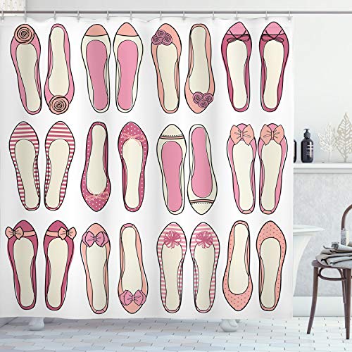 Ambesonne Retro Shower Curtain, Ballerina Shoes with Ribbon Roses Stripes and Polkadots Feminine Design, Cloth Fabric Bathroom Decor Set with Hooks, 69