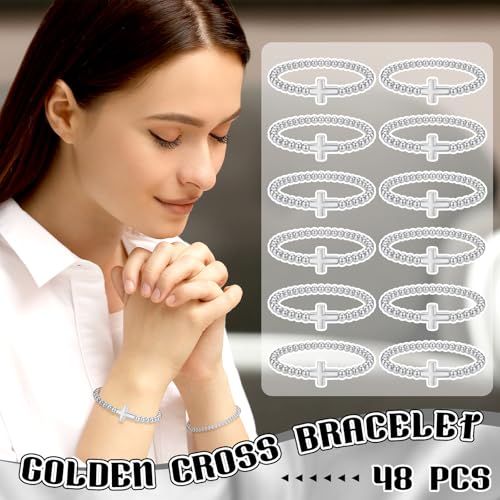48 Pcs Cross Bracelets for Women Christian Bracelets Bulk Beaded Religious Gifts Jesus Faith Bracelet Stretch Stackable Church Jewelry Gift Communion Supplies Cheer Stocking Stuffers for Party (Silver) by Hinly - Used condition - Image 2