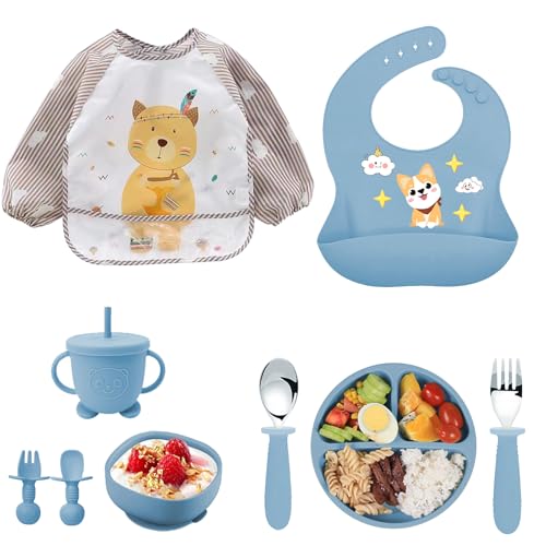 Vajilla de Bebé Silicona, 10 piezas Juegos de vajilla infantil, Cubiertos con plato ventosa, Plato Bebe Ventosa,Tenedor con mango de madera, bebe de silicona, Babero Set vajilla silicona bebe