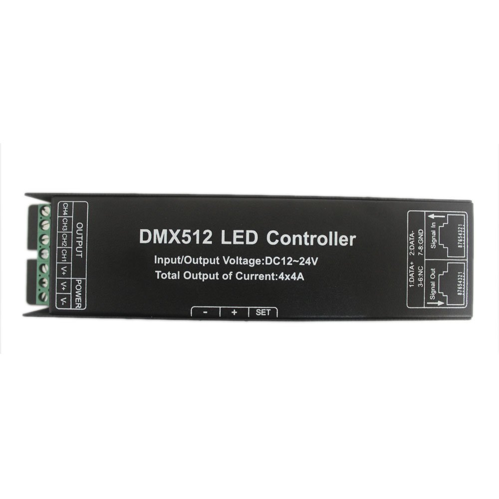 JOYLIT Controlador Decodificador LED DMX512 4CH 16A para Tira LED RGB/RGBW | Pantalla Digital, Compatible con Luces LED de 12/24V, para Iluminación Escénica, Comercial y Municipal