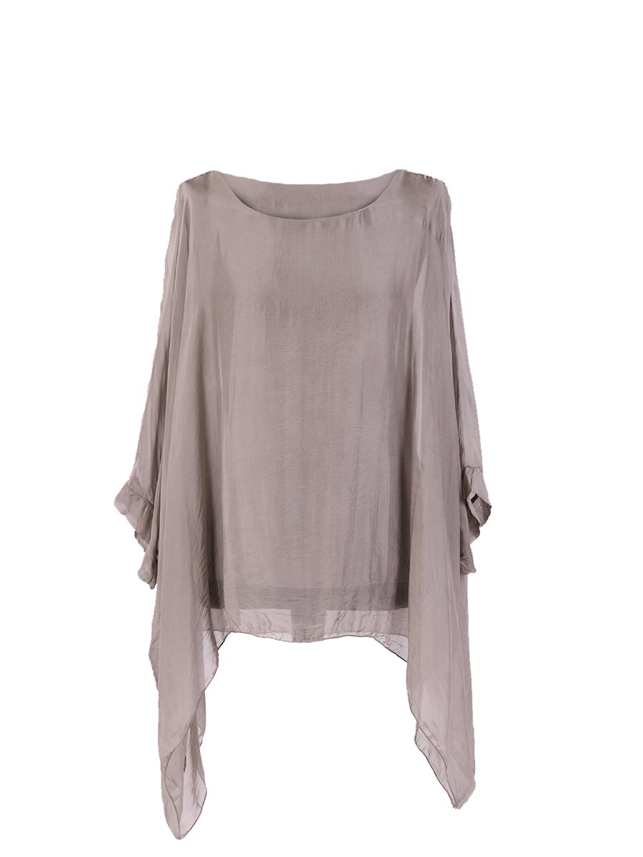 Lushstyleuk Women's Mocha Italian Plain Batwing Silk Tunic Top Lagenlook Top Plus Size
