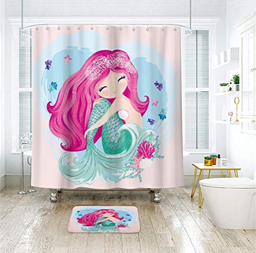 Riyidecor Mermaid Scales Shower Curtain Tail Fish Girls Kids Cartoon Ocean Blue Heart Colorful Purple Hair Seaweed Bath Decor Fabric Set Polyester Waterproof 72X72 Inch 12 Pack Plastic Hooks Ry-Ib6S #TOP1