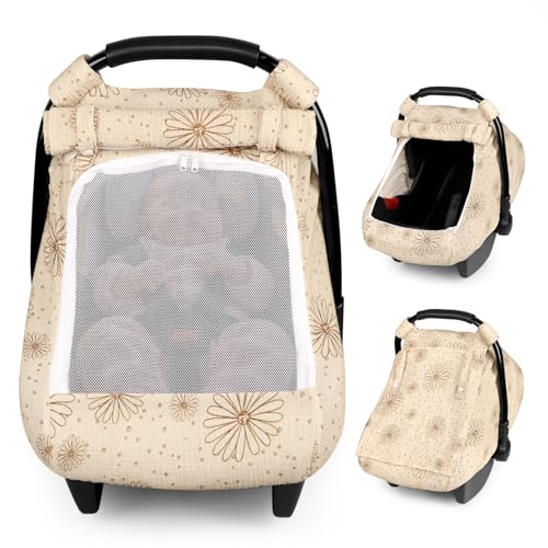 Image of Muslin Baby Car Seat Cover, with Extra Large Mesh Window Breathable Infant Car Seat Canopy Cover, Universal Fit Stroller Cover for Boys and Girls(Floral Pattern)