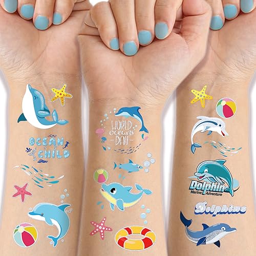 Dolphin Glitter Temporary Tattoos for Kids, 4 Sheets Bronzing Fake Tattoos for Girls Boys, Cute Ocean Animal Body Arm Shoulder Tattoos Stickers Waterproof Tattoos, Party Favors Supplies Decor Gifts