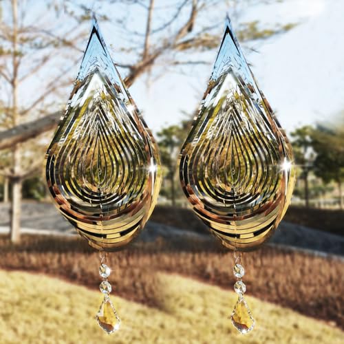 Wind Spinners Outdoor, 2PCS Water Droplets Wind Spinners Garden Decor, 3D Metal Bird Scare Discs Set, Bird Devices Deterrent to Scare Birds Away from Yard Patio Farm, Gifts for Women 11.8inch