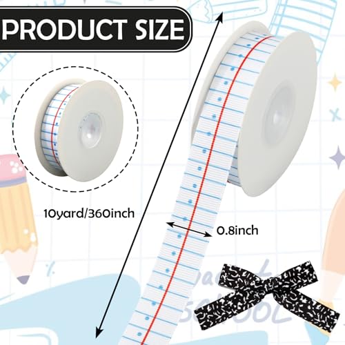 Image of Whaline Back to School Grosgrain Ribbon 0.8 Inch Notebook Composition Decorative Fabric Wrapping Ribbon for First Day of School DIY Crafts Wreath Bow Making, 2 Rolls, 20 Yard