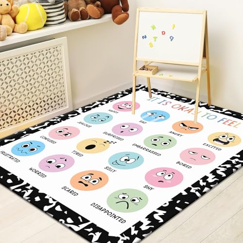 JarThenaAMCS 3.3 x 4 Ft Calming Corner Rug Feelings Chart Emotion Reading Mat Colorful Non-Slip Soft Fluffy Mental Health Floor Carpet for Back to School Living Bedroom Playroom