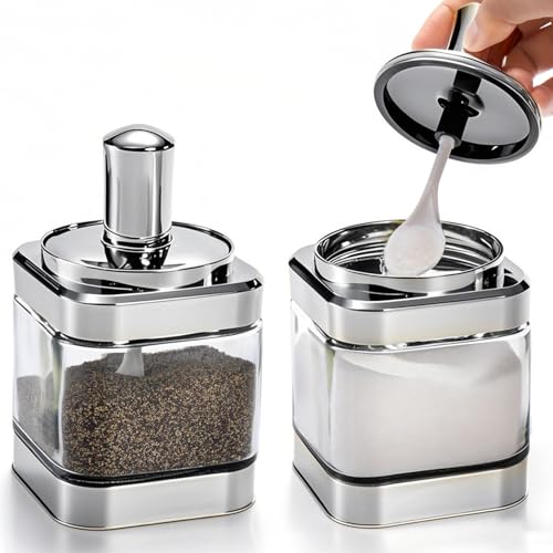 Mezchi 2 Pack Glass Condiment Pot, 12 Ounce Spice Jars with Spoon, Seasoning Box Set Salt Container, Sugar Dispense, Kitchen Containers for Flour and Sugar (Silver)
