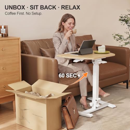 Image of ROMOON Foldable Small Standing Desk with No-Assembly Design, Rolling Height-Adjustable Sit-Stand Table with Wheels, Space-Saving Portable Laptop Cart for Home Office and Small Space (Natural Oak)
