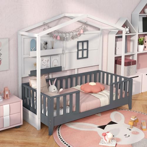 Giantextwinhousebedsolidwoodmontessoribedframewith2storageshelvesfencehouseroofwoodslatsupportlowtwinbedframeforkidsteensgirlsboysnoboxspringneededwhitegrey  Urban Country Home Decor Giantex twin house bed solid wood montessori bed frame with 2 storage shelves fence house roof wood slat support low twin bed frame for kids teens girls boys no box spring needed white grey  urban country home decor